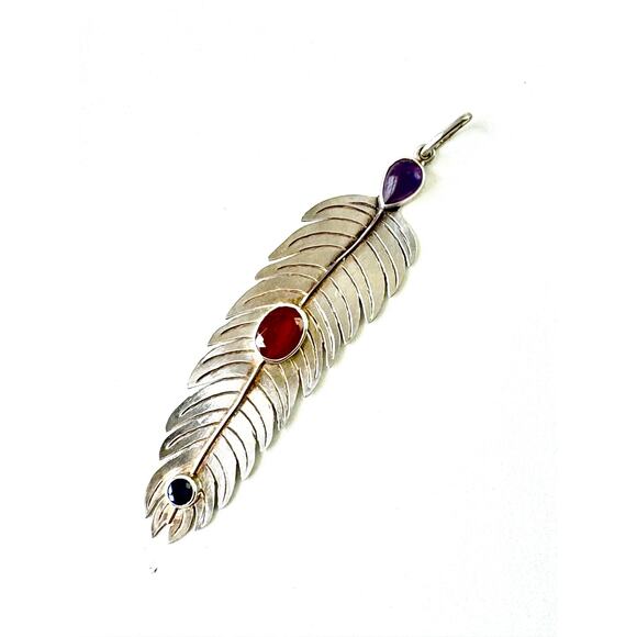 Feather Pendant Amethyst Imperial Garnet Blue Sapphire Sterling Silver - Picture 1 of 6